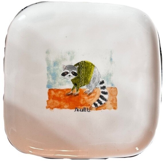 Rae Dunn Raccoon Sweaters Ceramic Square Serving Plate - Picture 4 of 5